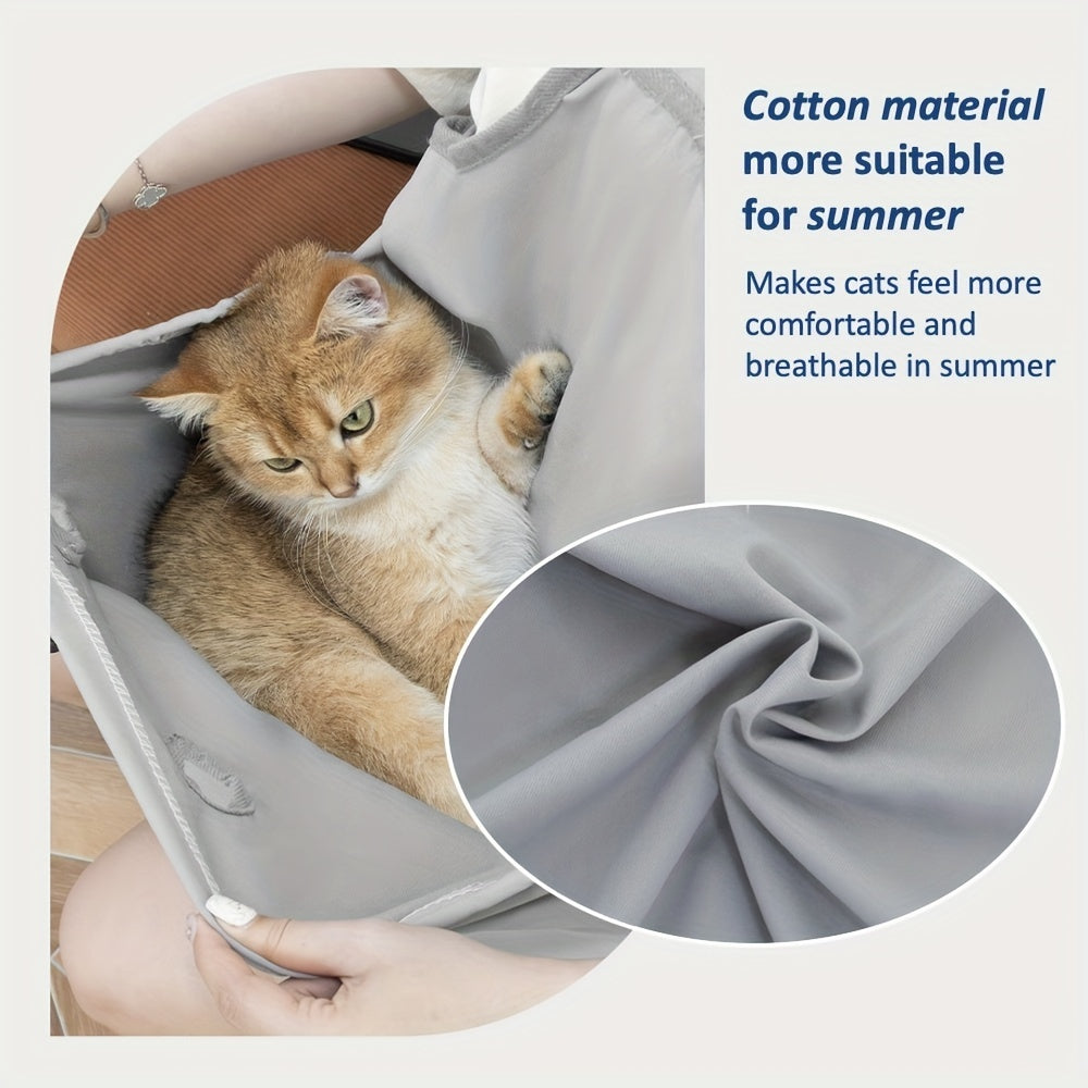 1pc Summer Cat Grooming Apron With 4 Holding Holes, Cotton Breathable Pet Carrier Pouch, Portable Cat Care Apron, Nail Trimming & Ear Cleaning Assistant, Anti-Scratch & Hair Resistant, Cool & Comfortable Cat Sling Bag For Outings