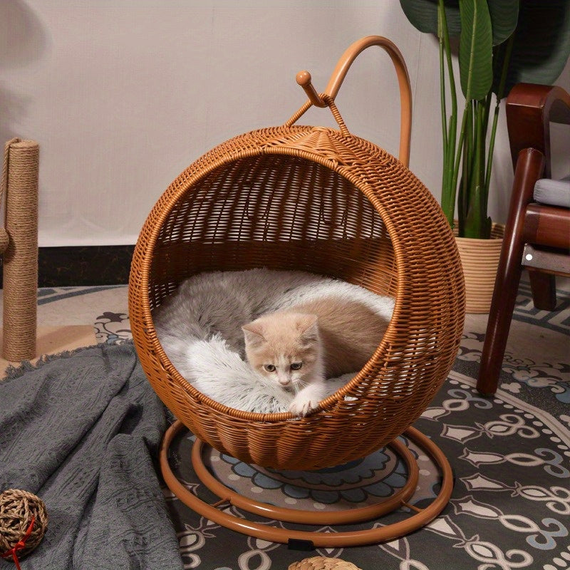 Bamboo Woven Cat House with Swing Design, Classic Style Pet Condo with Removable Cushion and Interactive Hanging Ball - All-Season Comfort Lounge for Cats and Small Dogs