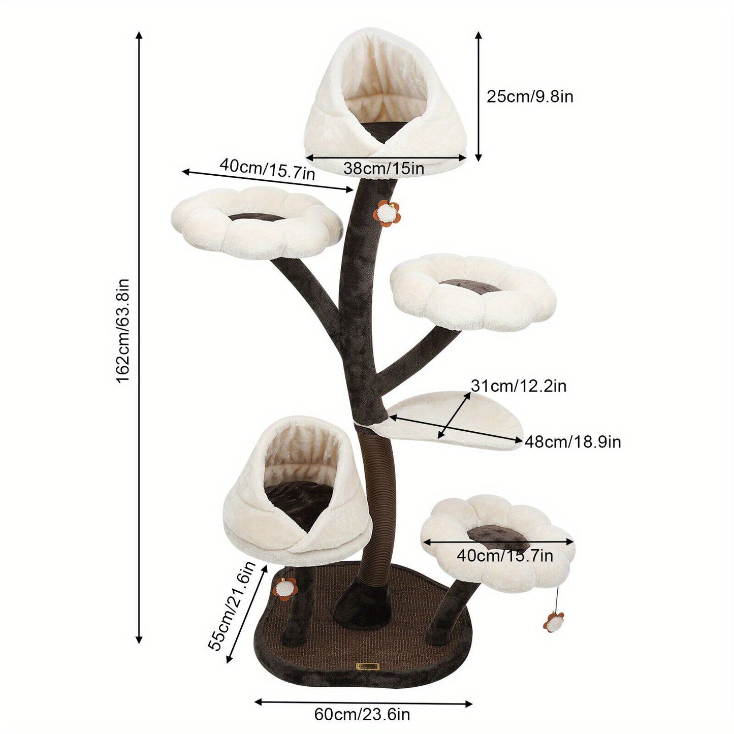 162cm Large Cat Tree, Multi-Level Tall Cat Tower with Sisal Scratching Posts, Hammocks, Hanging Basket, Cat Condo and Removable Washable Cushions