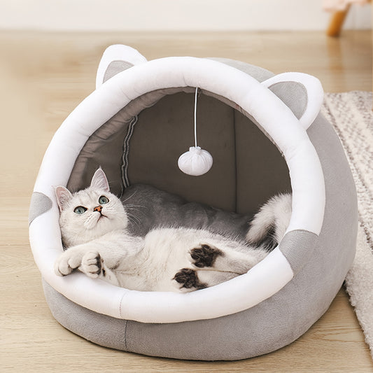 1-piece Convertible Grey Cat Bed with Dangling Ball Toy: Cozy Open-Top Nest for Small to Medium Cats and Dogs