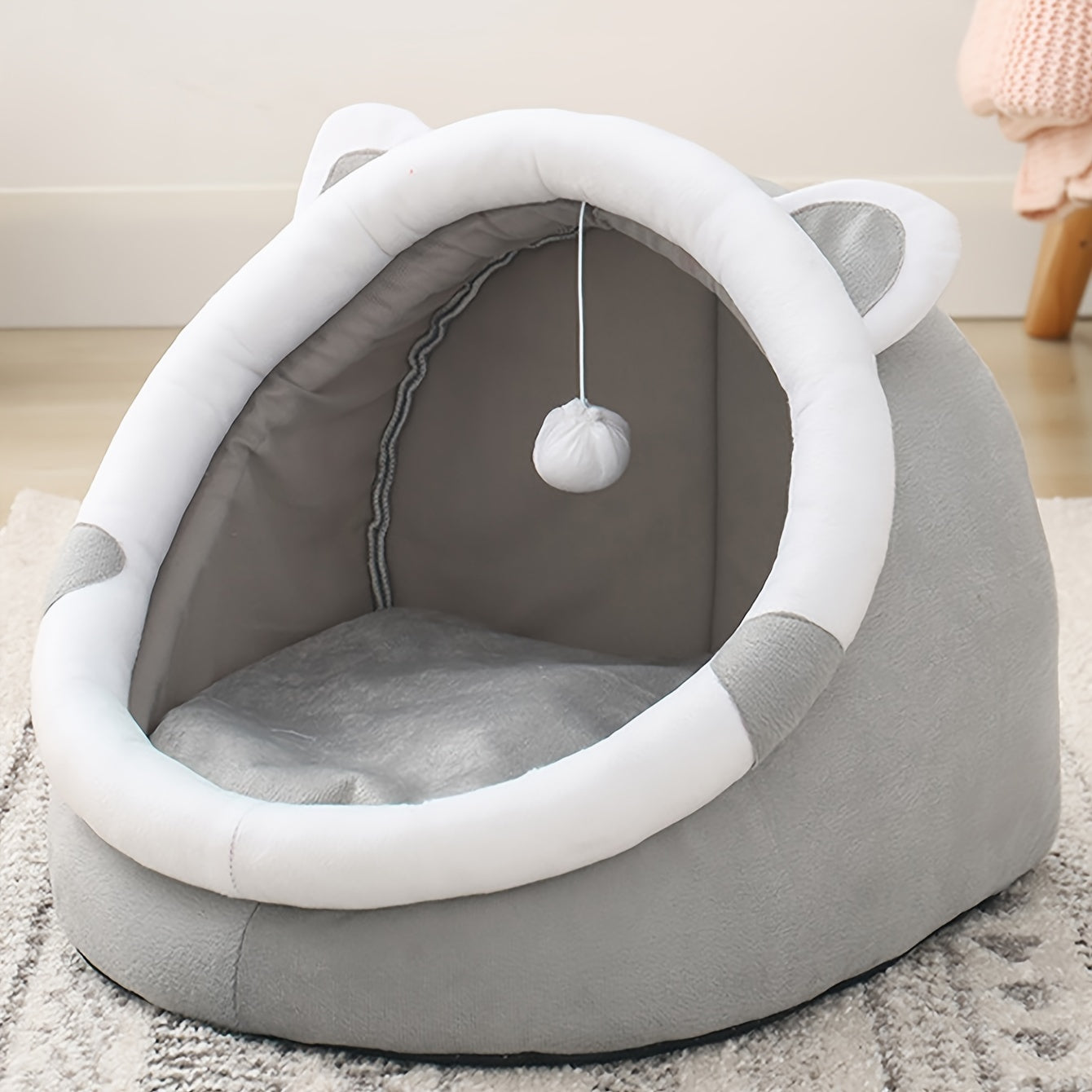 1-piece Convertible Grey Cat Bed with Dangling Ball Toy: Cozy Open-Top Nest for Small to Medium Cats and Dogs