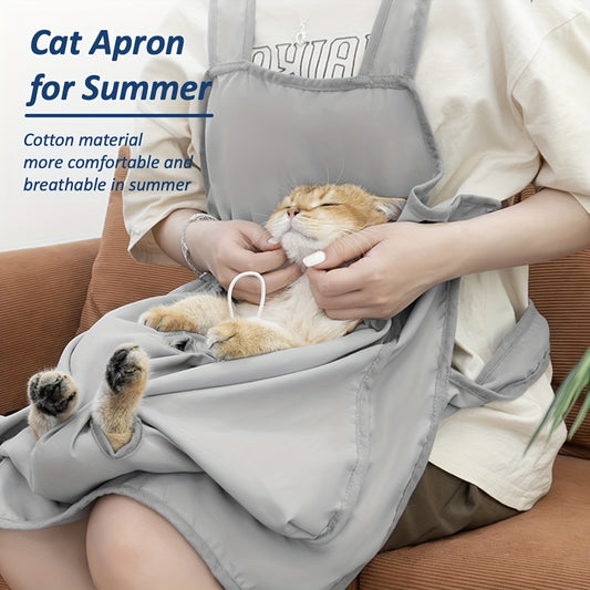 1pc Summer Cat Grooming Apron With 4 Holding Holes, Cotton Breathable Pet Carrier Pouch, Portable Cat Care Apron, Nail Trimming & Ear Cleaning Assistant, Anti-Scratch & Hair Resistant, Cool & Comfortable Cat Sling Bag For Outings